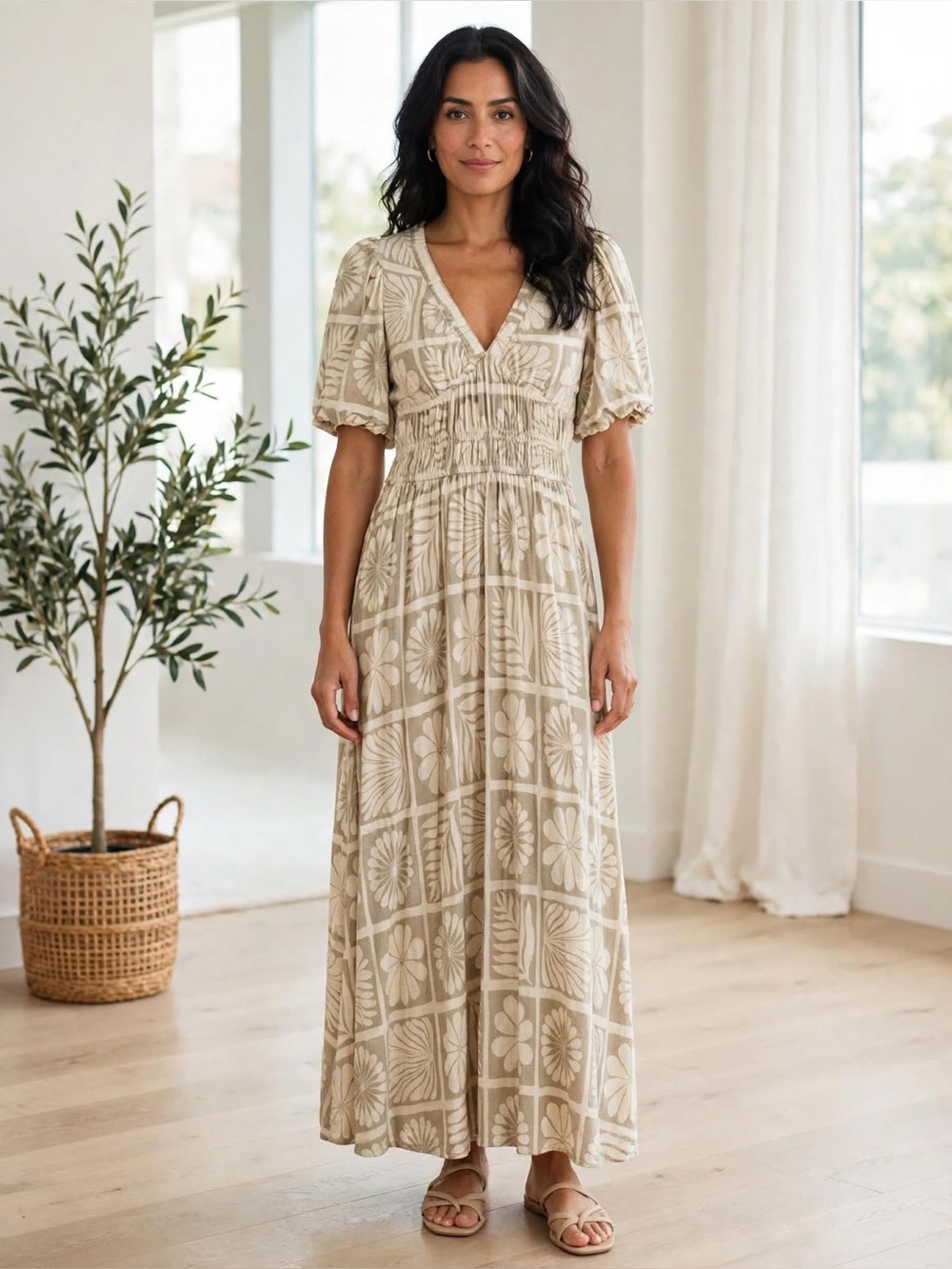 White/Closet Elements Women’s Cream Floral Maxi Dress with Puff Sleeves.